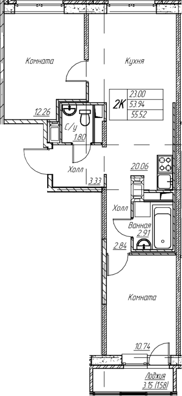 2-комнатная квартира 55.52 м², 18/22 эт., ЖК «Парк-квартал Юнтолово»